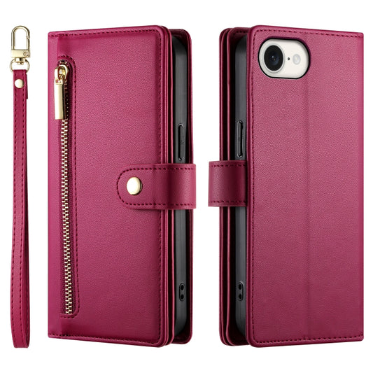 For iPhone 16e Nine Card-slot Zipper Wallet Bag Leather Phone Case(Red) by buy2fix