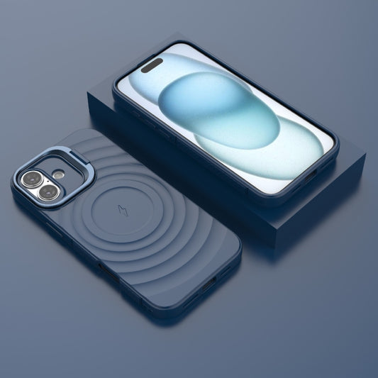 For iPhone 16 Plus Lens Frame Bracket Corrugated MagSafe Phone Case(Dark Blue) by buy2fix