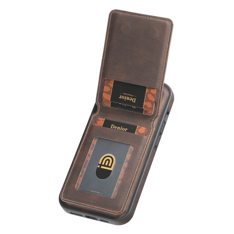 For iPhone 13 Pro Max Denior D18 Skin Feel Rotating Holder MagSafe Detachable Card Slot Phone Case(Brown) by Denior