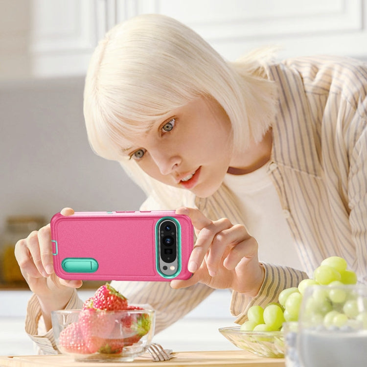 For Google Pixel 9 Pro Rugged PC + Silicone Phone Case with Holder(Rose Red+Light Green) by buy2fix