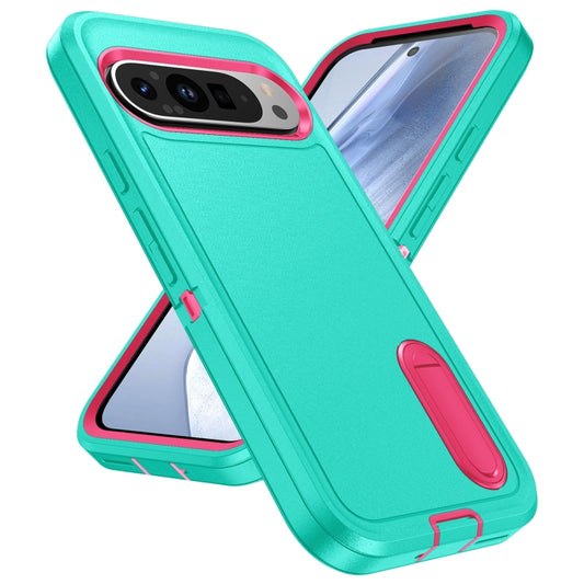 For Google Pixel 9 Pro Rugged PC + Silicone Phone Case with Holder(Light Green+Rose Red) by buy2fix
