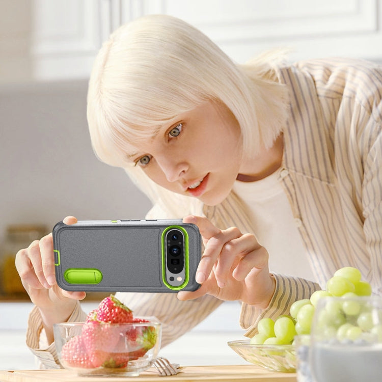 For Google Pixel 9 Rugged PC + Silicone Phone Case with Holder(Grey+Fresh Green) by buy2fix