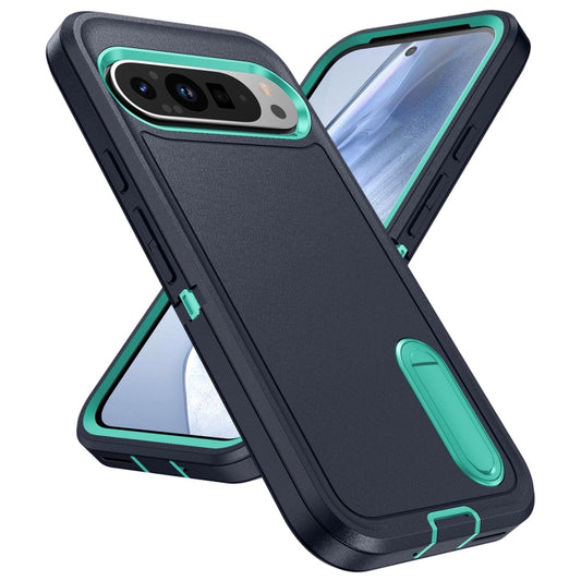 For Google Pixel 9 Rugged PC + Silicone Phone Case with Holder(Dark Blue+Light Green) by buy2fix