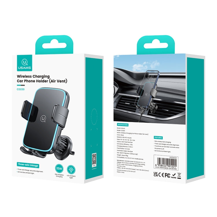 USAMS CD230 15W Accurate Aligment Wireless Charging Car Phone Holder with Suction Cup(Black) by USAMS