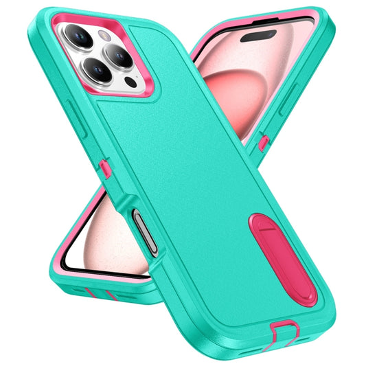 For iPhone 16 Pro Max Rugged PC + Silicone Phone Case with Holder(Light Green+Rose Red) by buy2fix