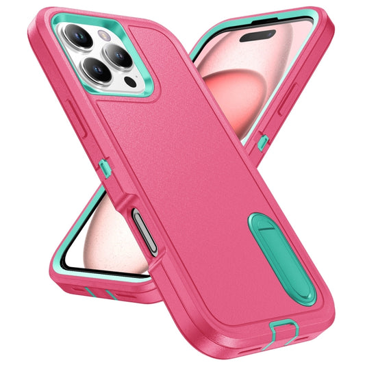 For iPhone 16 Pro Rugged PC + Silicone Phone Case with Holder(Rose Red+Light Green) by buy2fix