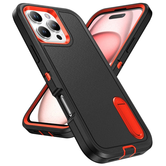 For iPhone 16 Pro Rugged PC + Silicone Phone Case with Holder(Black+Orange) by buy2fix