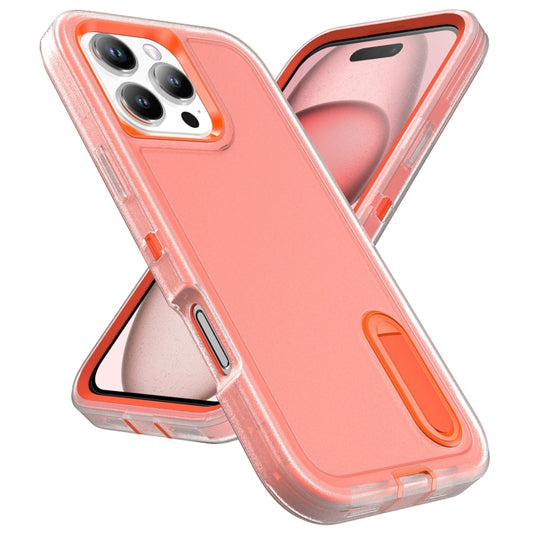 For iPhone 16 Pro Rugged PC + Silicone Phone Case with Holder(Transparent+Orange) by buy2fix