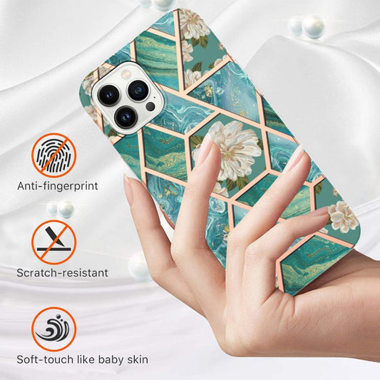 For iPhone 16 Pro Splicing Marble Flower IMD TPU Phone Case(Blue Flower) by buy2fix