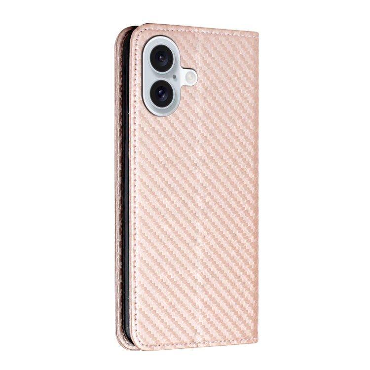 For iPhone 16 Plus Carbon Fiber Texture Magnetic Flip Leather Phone Case(Rose Gold) - iPhone 16 Plus Cases by buy2fix | Online Shopping UK | buy2fix