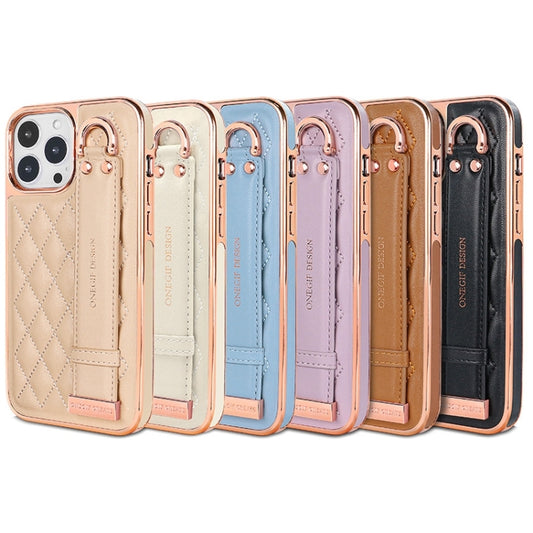 For iPhone 13 VIETAO Rhombic Texture Wristband PU Phone Case(Brown) - iPhone 13 Cases by VIETAO | Online Shopping UK | buy2fix