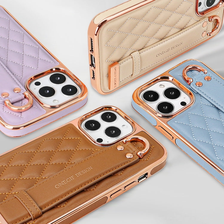 For iPhone 15 VIETAO Rhombic Texture Wristband PU Phone Case(Pink) - iPhone 15 Cases by VIETAO | Online Shopping UK | buy2fix