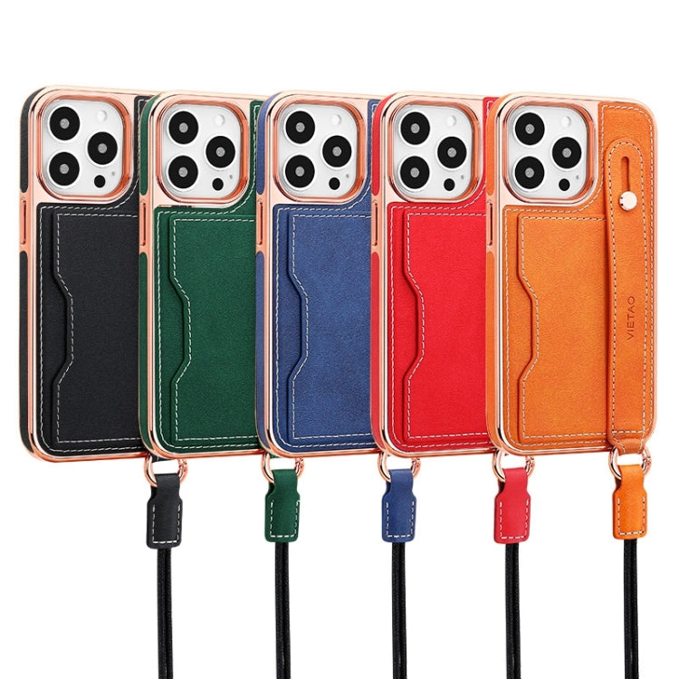For iPhone 15 VIETAO Card Slot Wristband Phone Case with Lanyard(Orange) - iPhone 15 Cases by VIETAO | Online Shopping UK | buy2fix