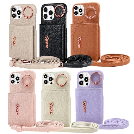 For iPhone 13 VIETAO Ring Holder Card Bag Phone Case with Lanyard(Brown) - iPhone 13 Cases by VIETAO | Online Shopping UK | buy2fix