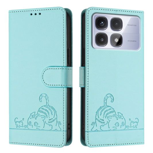 For Redmi K70 Ultra 5G Global Cat Rat Embossed Pattern RFID Leather Phone Case with Lanyard(Mint Green) by buy2fix