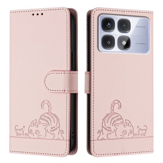 For Redmi K70 Ultra 5G Global Cat Rat Embossed Pattern RFID Leather Phone Case with Lanyard(Pink) by buy2fix