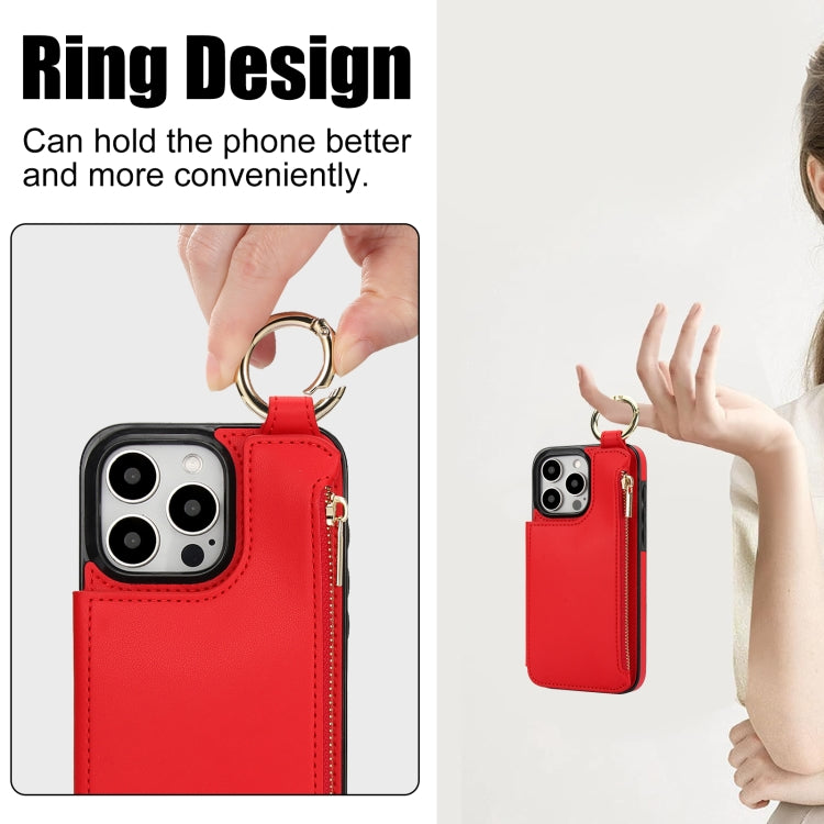 For iPhone 15 Pro RFlD Anti-theft Double Buckle Ring Zipper Card Phone Case(Red) - iPhone 15 Pro Cases by buy2fix | Online Shopping UK | buy2fix