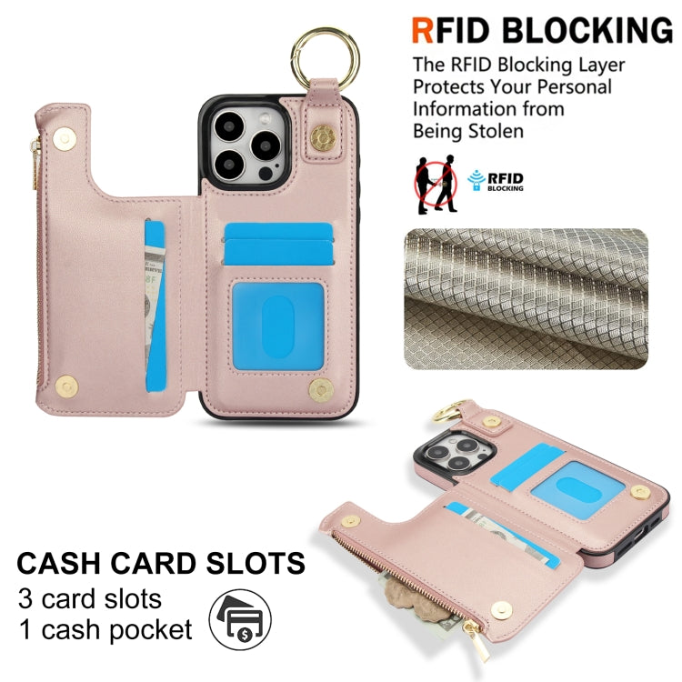 For iPhone 15 Pro RFlD Anti-theft Double Buckle Ring Zipper Card Phone Case(Rose Gold) - iPhone 15 Pro Cases by buy2fix | Online Shopping UK | buy2fix