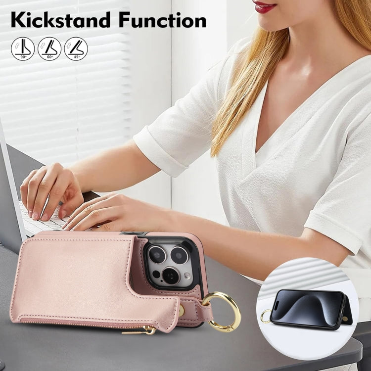 For iPhone 15 Pro RFlD Anti-theft Double Buckle Ring Zipper Card Phone Case(Rose Gold) - iPhone 15 Pro Cases by buy2fix | Online Shopping UK | buy2fix