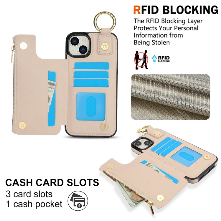 For iPhone 15 RFlD Anti-theft Double Buckle Ring Zipper Card Phone Case(White) - iPhone 15 Cases by buy2fix | Online Shopping UK | buy2fix