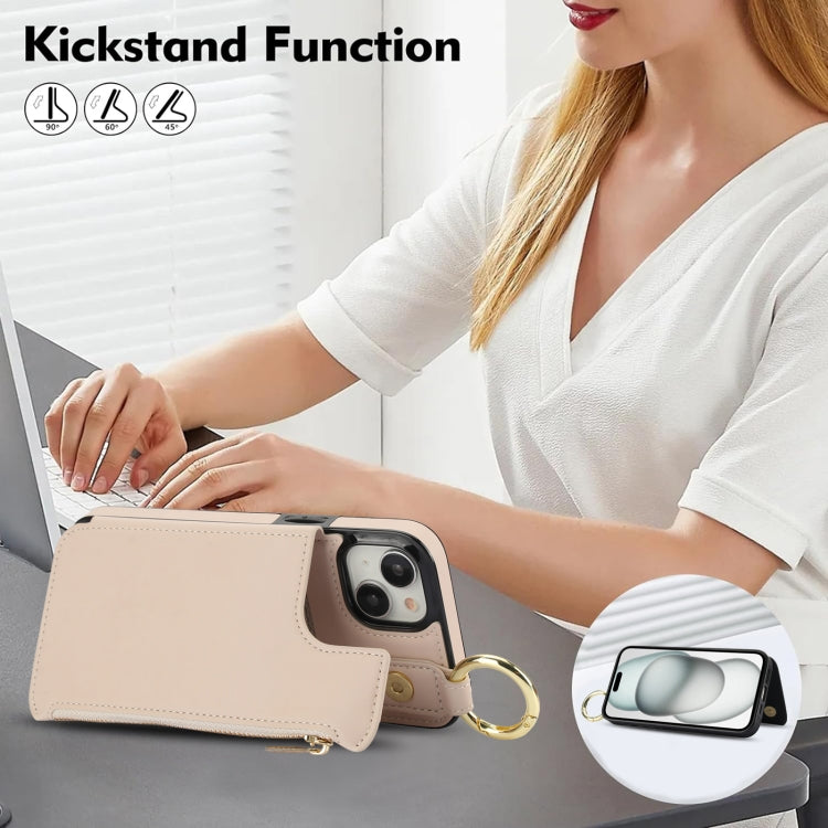 For iPhone 15 RFlD Anti-theft Double Buckle Ring Zipper Card Phone Case(White) - iPhone 15 Cases by buy2fix | Online Shopping UK | buy2fix