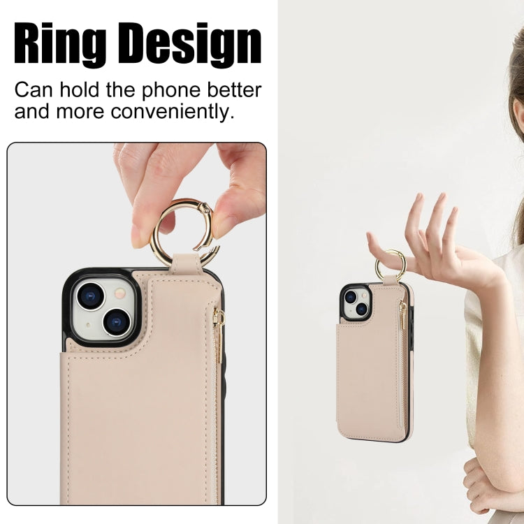 For iPhone 15 RFlD Anti-theft Double Buckle Ring Zipper Card Phone Case(White) - iPhone 15 Cases by buy2fix | Online Shopping UK | buy2fix