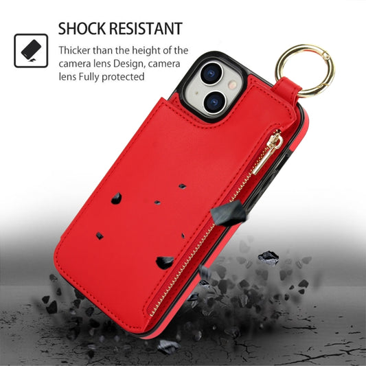 For iPhone 15 RFlD Anti-theft Double Buckle Ring Zipper Card Phone Case(Red) - iPhone 15 Cases by buy2fix | Online Shopping UK | buy2fix