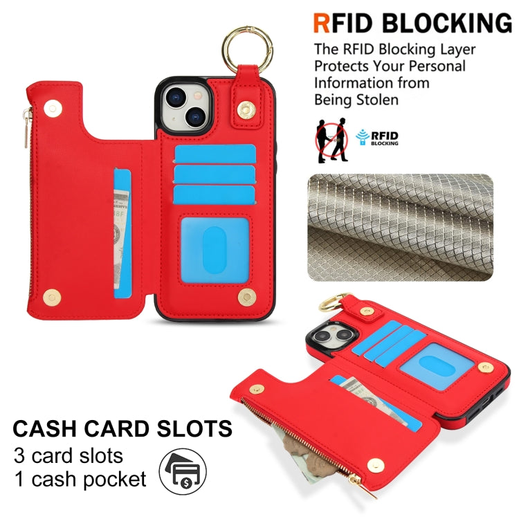 For iPhone 15 RFlD Anti-theft Double Buckle Ring Zipper Card Phone Case(Red) - iPhone 15 Cases by buy2fix | Online Shopping UK | buy2fix