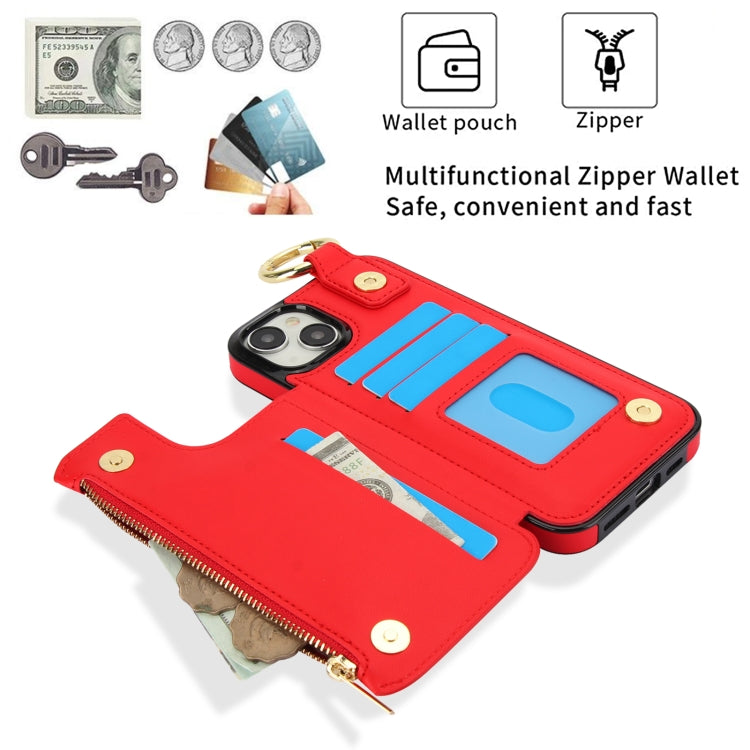 For iPhone 15 RFlD Anti-theft Double Buckle Ring Zipper Card Phone Case(Red) - iPhone 15 Cases by buy2fix | Online Shopping UK | buy2fix