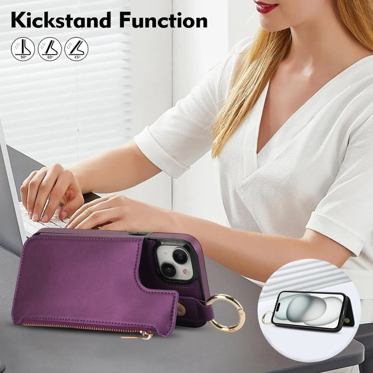For iPhone 15 RFlD Anti-theft Double Buckle Ring Zipper Card Phone Case(Dark Purple) - iPhone 15 Cases by buy2fix | Online Shopping UK | buy2fix