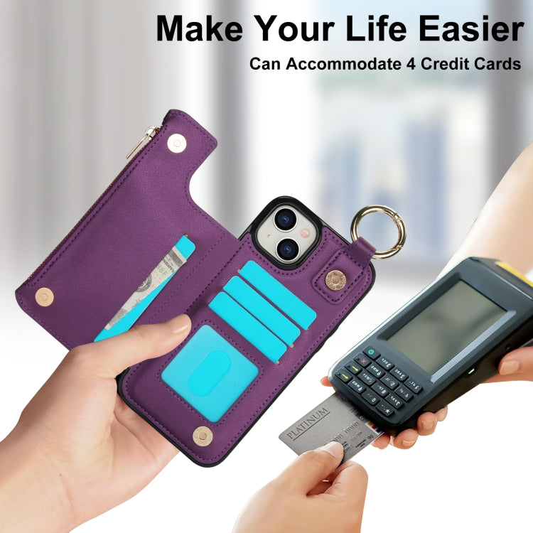 For iPhone 15 RFlD Anti-theft Double Buckle Ring Zipper Card Phone Case(Dark Purple) - iPhone 15 Cases by buy2fix | Online Shopping UK | buy2fix