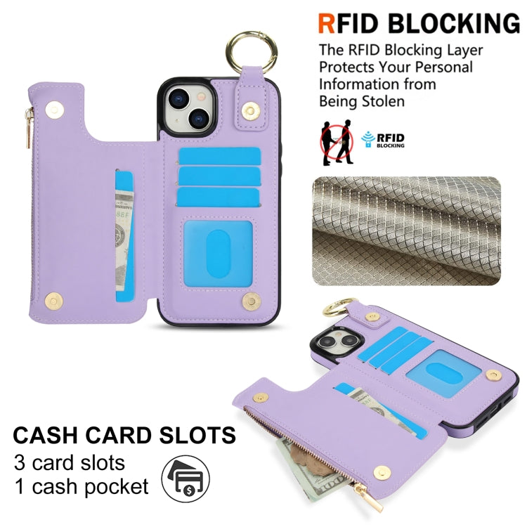 For iPhone 15 RFlD Anti-theft Double Buckle Ring Zipper Card Phone Case(Purple) - iPhone 15 Cases by buy2fix | Online Shopping UK | buy2fix