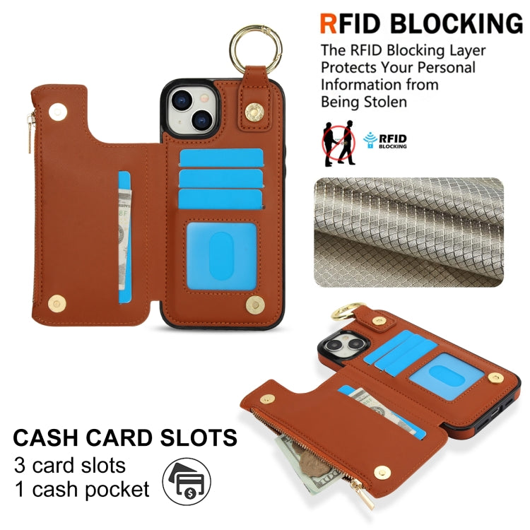 For iPhone 15 RFlD Anti-theft Double Buckle Ring Zipper Card Phone Case(Brown) - iPhone 15 Cases by buy2fix | Online Shopping UK | buy2fix