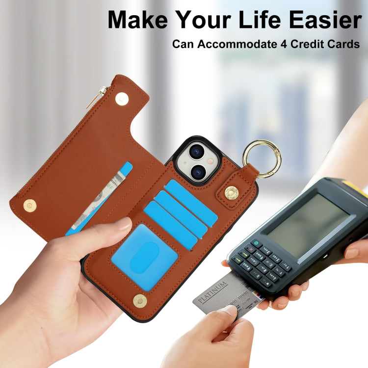 For iPhone 15 RFlD Anti-theft Double Buckle Ring Zipper Card Phone Case(Brown) - iPhone 15 Cases by buy2fix | Online Shopping UK | buy2fix
