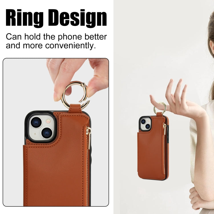 For iPhone 15 RFlD Anti-theft Double Buckle Ring Zipper Card Phone Case(Brown) - iPhone 15 Cases by buy2fix | Online Shopping UK | buy2fix