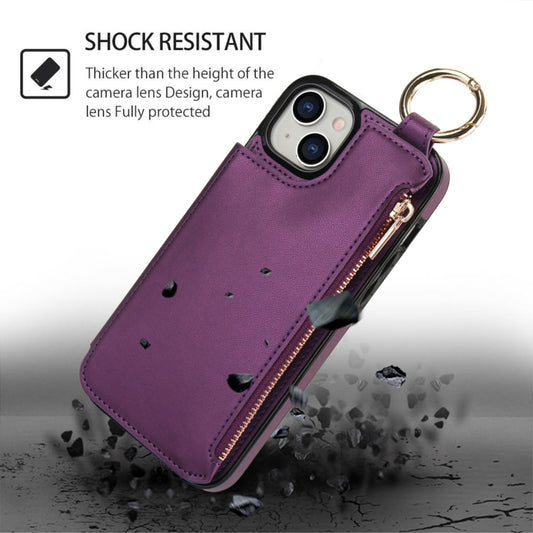 For iPhone 14 Plus RFlD Anti-theft Double Buckle Ring Zipper Card Phone Case(Dark Purple) - iPhone 14 Plus Cases by buy2fix | Online Shopping UK | buy2fix