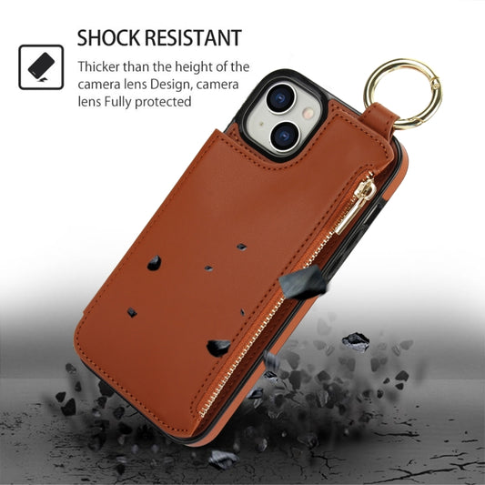 For iPhone 14 / 13 RFlD Anti-theft Double Buckle Ring Zipper Card Phone Case(Brown) - iPhone 14 Cases by buy2fix | Online Shopping UK | buy2fix