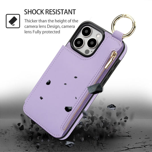 For iPhone 14 Pro RFlD Anti-theft Double Buckle Ring Zipper Card Phone Case(Purple) - iPhone 14 Pro Cases by buy2fix | Online Shopping UK | buy2fix