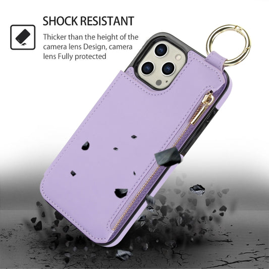 For iPhone 14 Pro Max RFlD Anti-theft Double Buckle Ring Zipper Card Phone Case(Purple) - iPhone 14 Pro Max Cases by buy2fix | Online Shopping UK | buy2fix
