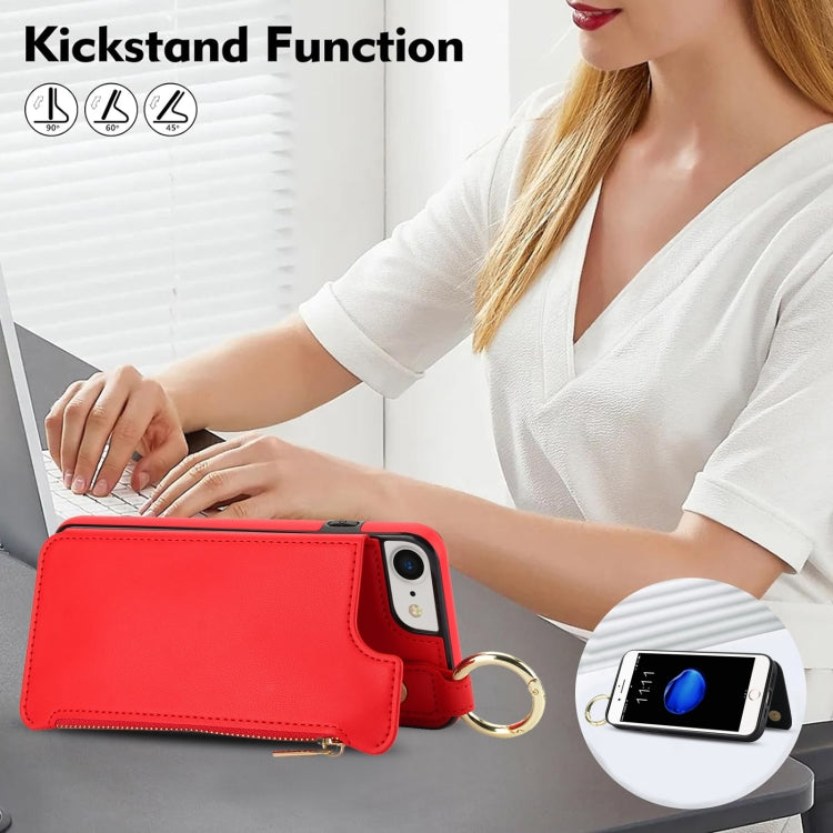For iPhone SE 2022 / SE 2020 / 7 / 8 RFlD Anti-theft Double Buckle Ring Zipper Card Phone Case(Red) - iPhone SE 2022 / 2020 / 8 / 7 Cases by buy2fix | Online Shopping UK | buy2fix