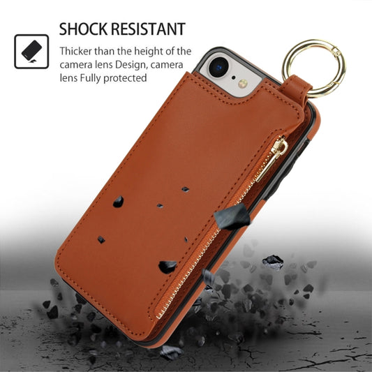 For iPhone SE 2022 / SE 2020 / 7 / 8 RFlD Anti-theft Double Buckle Ring Zipper Card Phone Case(Brown) - iPhone SE 2022 / 2020 / 8 / 7 Cases by buy2fix | Online Shopping UK | buy2fix