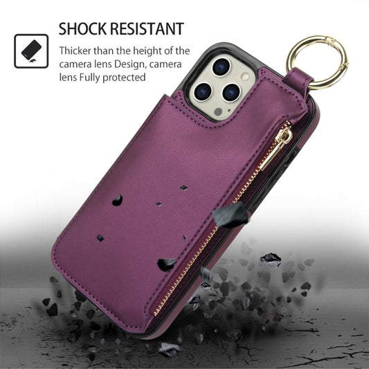 For iPhone 12 Pro RFlD Anti-theft Double Buckle Ring Zipper Card Phone Case(Dark Purple) - iPhone 12 / 12 Pro Cases by buy2fix | Online Shopping UK | buy2fix
