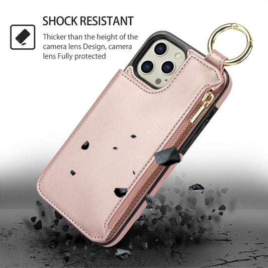 For iPhone 12 Pro Max RFlD Anti-theft Double Buckle Ring Zipper Card Phone Case(Rose Gold) - iPhone 12 Pro Max Cases by buy2fix | Online Shopping UK | buy2fix