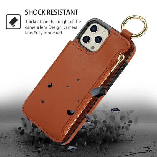 For iPhone 12 Pro Max RFlD Anti-theft Double Buckle Ring Zipper Card Phone Case(Brown) - iPhone 12 Pro Max Cases by buy2fix | Online Shopping UK | buy2fix
