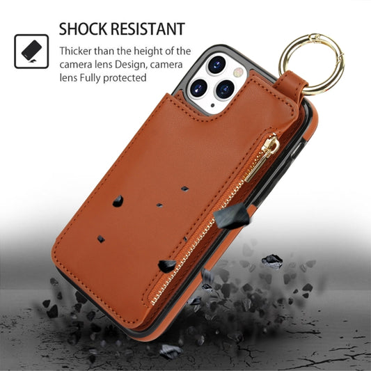 For iPhone 11 Pro RFlD Anti-theft Double Buckle Ring Zipper Card Phone Case(Brown) - iPhone 11 Pro Cases by buy2fix | Online Shopping UK | buy2fix