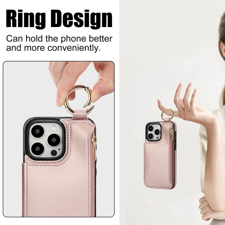 For iPhone 16 Pro RFlD Anti-theft Double Buckle Ring Zipper Card Phone Case(Rose Gold) by buy2fix