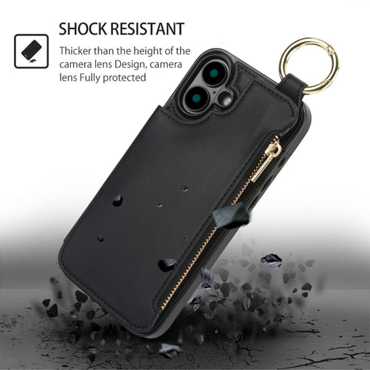 For iPhone 16 Plus RFlD Anti-theft Double Buckle Ring Zipper Card Phone Case(Black) - iPhone 16 Plus Cases by buy2fix | Online Shopping UK | buy2fix