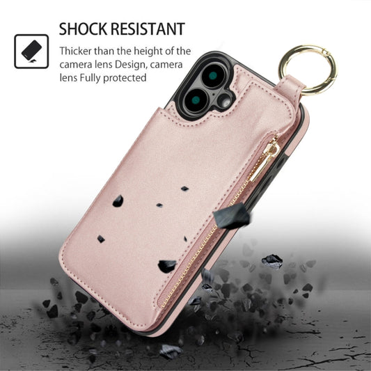 For iPhone 16 Plus RFlD Anti-theft Double Buckle Ring Zipper Card Phone Case(Rose Gold) - iPhone 16 Plus Cases by buy2fix | Online Shopping UK | buy2fix