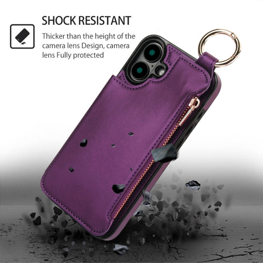 For iPhone 16 Plus RFlD Anti-theft Double Buckle Ring Zipper Card Phone Case(Dark Purple) by buy2fix
