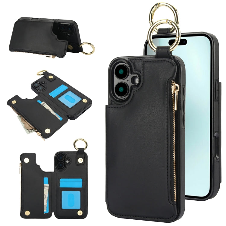 For iPhone 16 RFlD Anti-theft Double Buckle Ring Zipper Card Phone Case(Black) - iPhone 16 Cases by buy2fix | Online Shopping UK | buy2fix